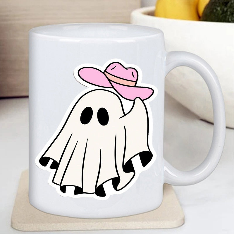 Tailorly White Ceramic 11 oz Mug - Minimalist Cartoon Spooky Sheet With A Pink Western Cowboy Hat Ghost
