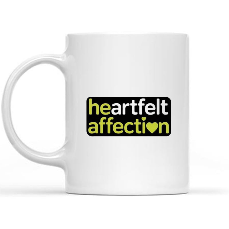 Tailorly White Ceramic 11 oz Mug - Heartfelt Affection Minimalist Black Rectangular Label Featuring A Small Green Heart Symbol Mug