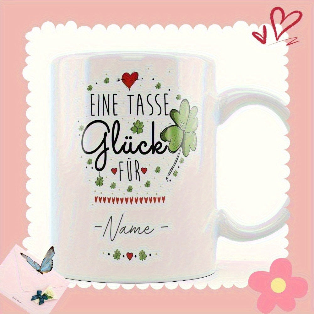 Tailorly White Ceramic 11 oz Mug - Nature Inspired Four Leaf Clover With Decorative Hearts And Whimsical Details Shamrock