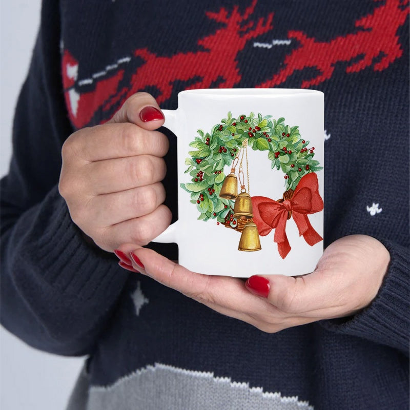 Tailorly White Ceramic 11 oz Mug - Vibrant Green Leaves With Golden Hanging Bells And Red Ribbon Wreath