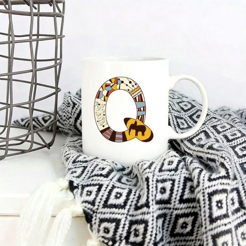 Tailorly White Ceramic 11 oz Mug - Q Artistic Ethnic Patterned Monogram Featuring Earthy Geometric Shapes And Abstract Details Letter Q