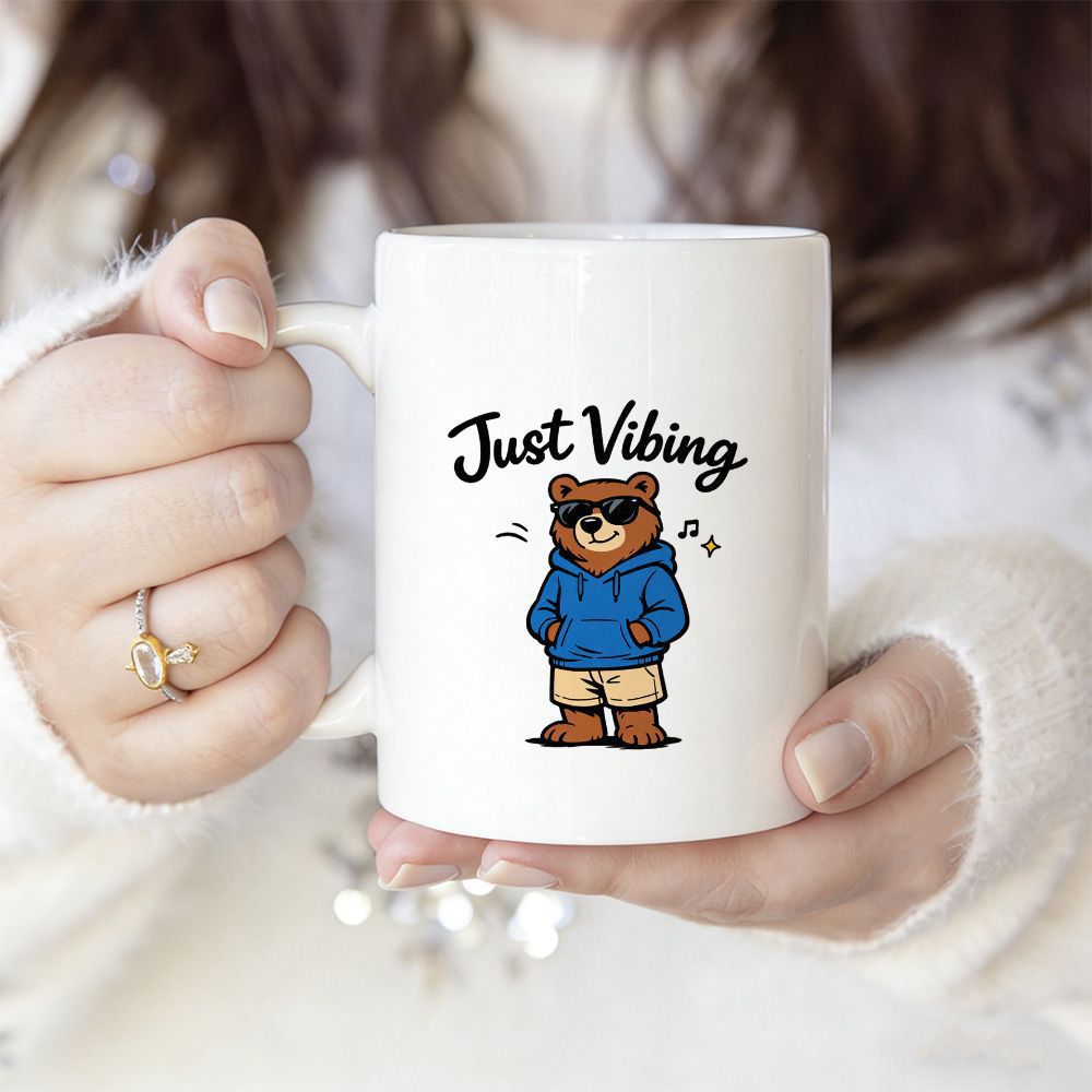 Tailorly White Ceramic 11 oz Mug - Just Vibing Cool Relaxed Cartoon Animal Wearing Blue Hoodie Bear