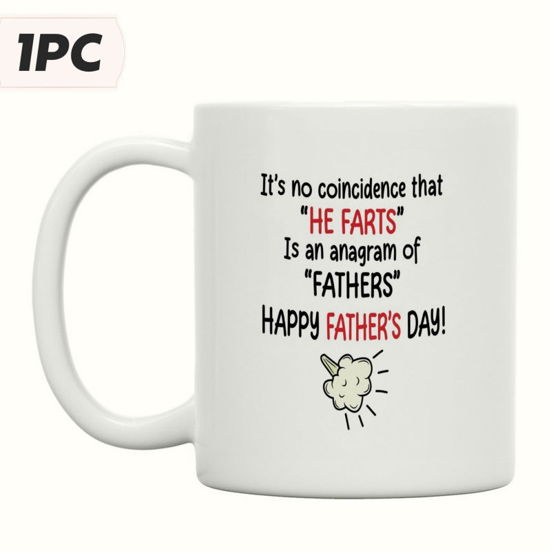 Tailorly White Ceramic 11 oz Mug - It Is No Coincidence That He Farts Is An Anagram Of Fathers Happy Fathers Day Minimalist Hand Drawn Cartoon Gas Puff Surrounded