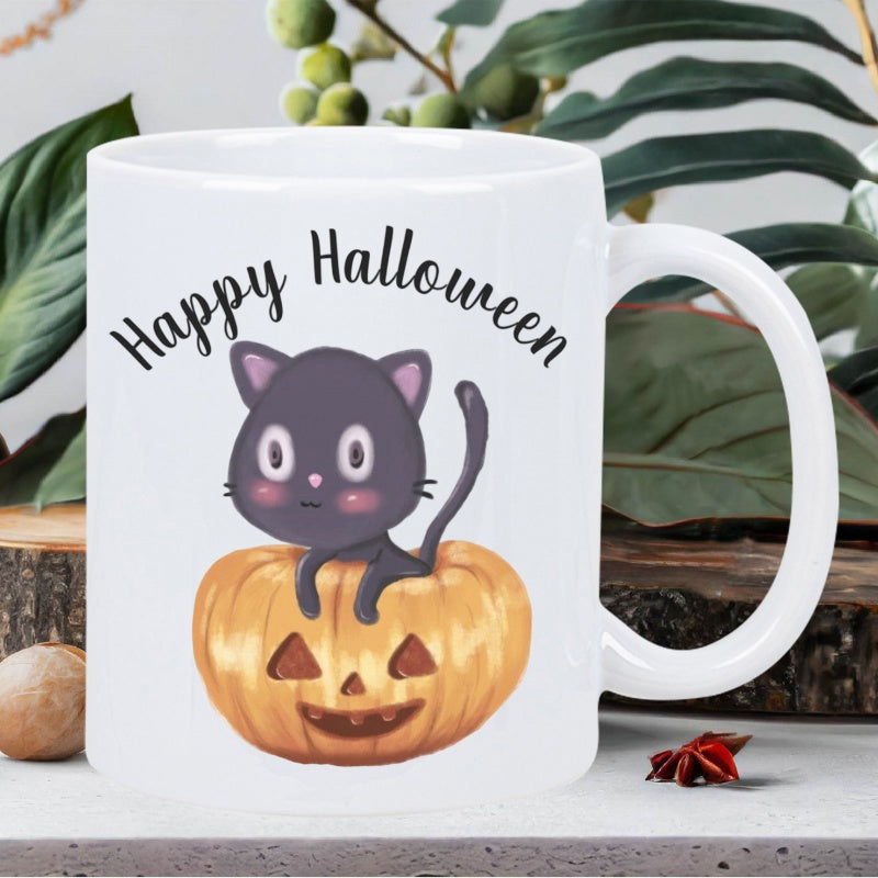 Tailorly White Ceramic 11 oz Mug - Happy Halloween Cute Black Cat Sitting Inside Carved Jack O Lantern Pumpkin Cat