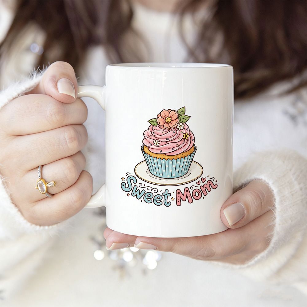 Tailorly White Ceramic 11 oz Mug - Sweet Mom Beautifully Decorated Pink Frosting Dessert With Elegant Little Flower Cupcake