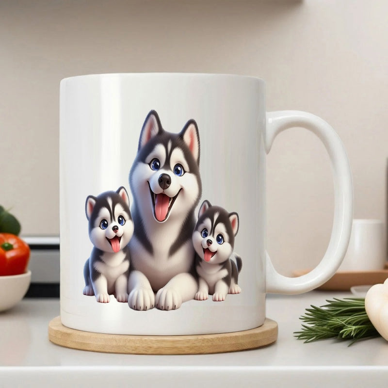 Tailorly White Ceramic 11 oz Mug - Adorable Fluffy Siberian Husky Family Resting With Two Small Playful Puppies Husky
