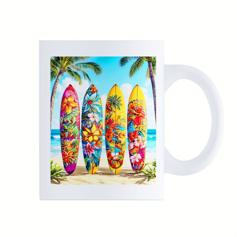 Tailorly White Ceramic 11 oz Mug - Tropical Beach Scene With Palm Trees And Floral Patterned Colorful Standing Surfboard