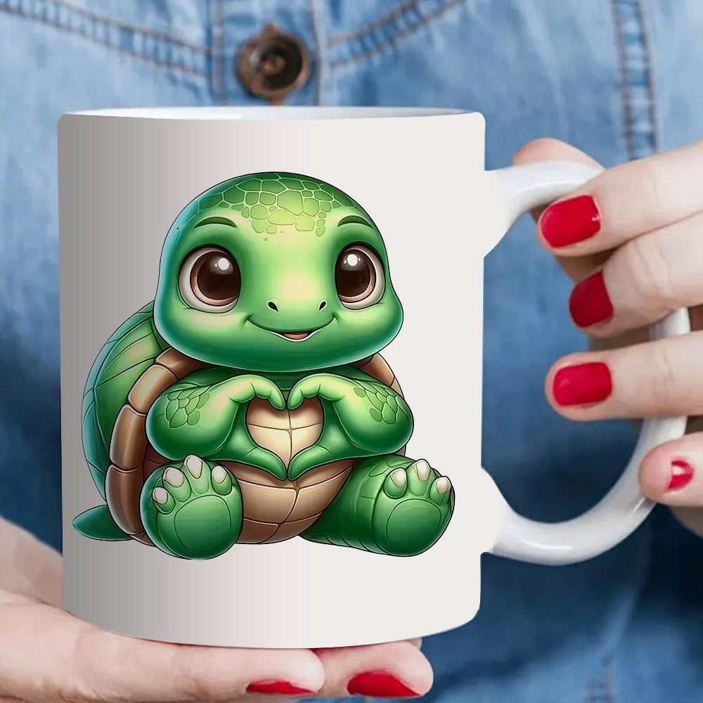 Tailorly White Ceramic 11 oz Mug - Adorable Little Green Sea Creature Making Heart Shape Gesture Friendly Turtle