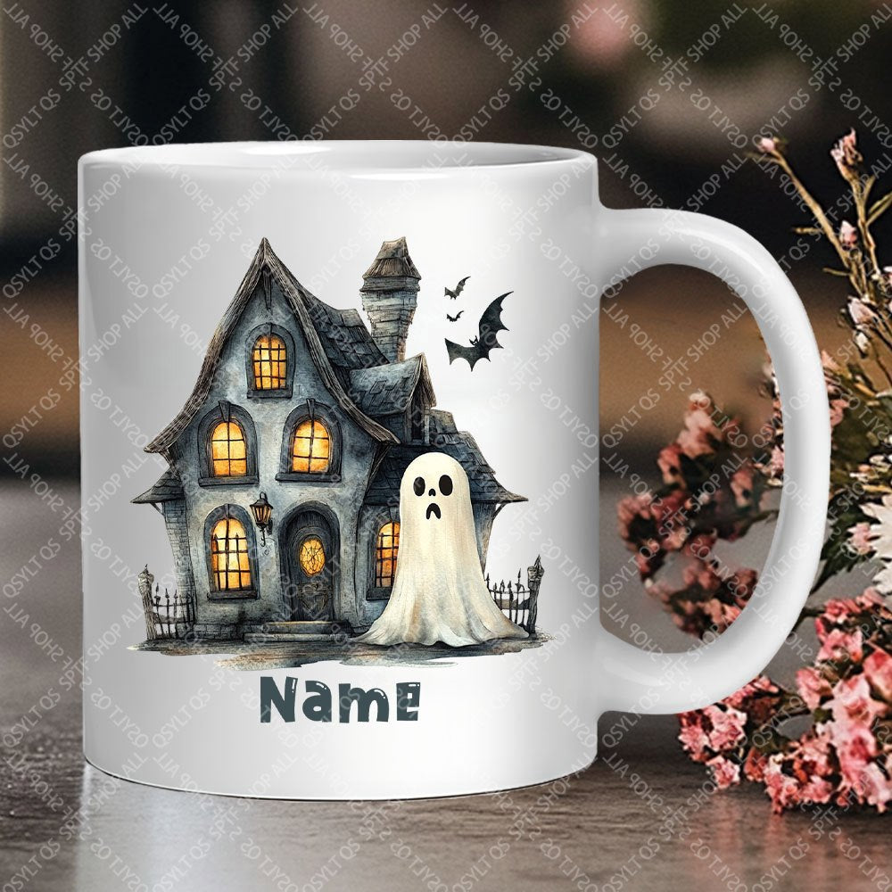 Tailorly White Ceramic 11 oz Mug - Name Spooky Haunted Manor With Flying Bats And Friendly Little Ghost House