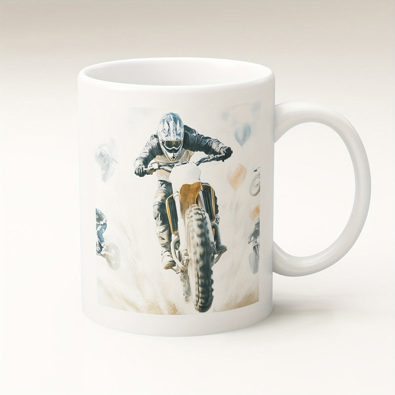 Tailorly White Ceramic 11 oz Mug - Action Packed Motocross Rider Racing Through Thick Muddy Splashes Motorcycle