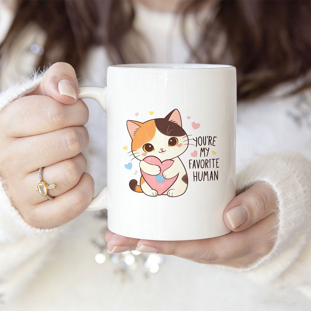 Tailorly White Ceramic 11 oz Mug - Youre My Favorite Human Adorable Small Calico Kitten Hugging Large Pink Heart Under Twinkling Stars Cat