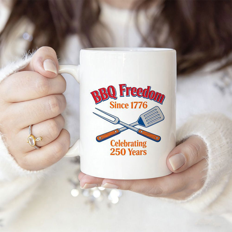 Tailorly White Ceramic 11 oz Mug - Bbq Freedom Since 1776 Celebrating 250 Years Classic Crossed Metal Spatula And Grilling Fork Featuring Rustic Wooden Handles