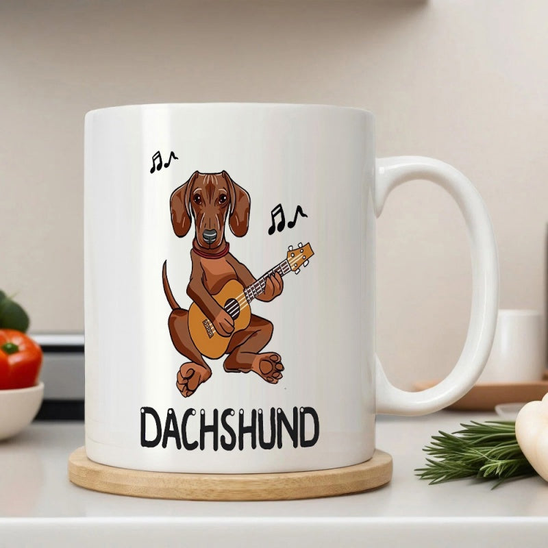 Tailorly White Ceramic 11 oz Mug - Dachshund Musical Brown Sausage Dog Sitting And Playing Acoustic Guitar Dachshund