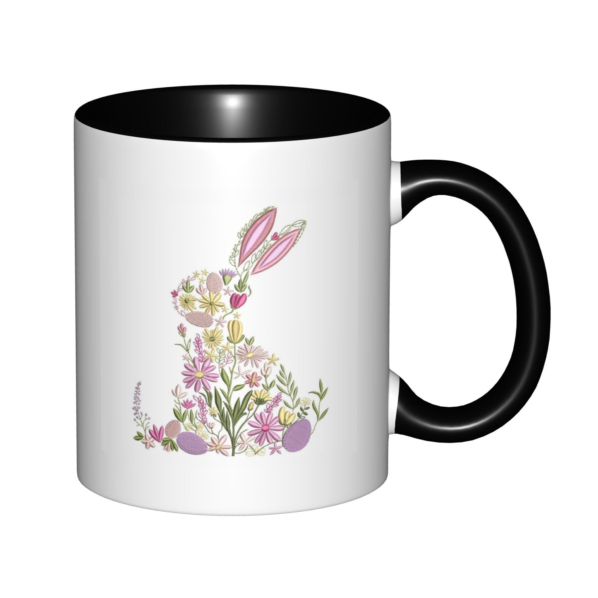 Tailorly Black Accent 11 oz Mug - floral bunny rabbit silhouette with floral print