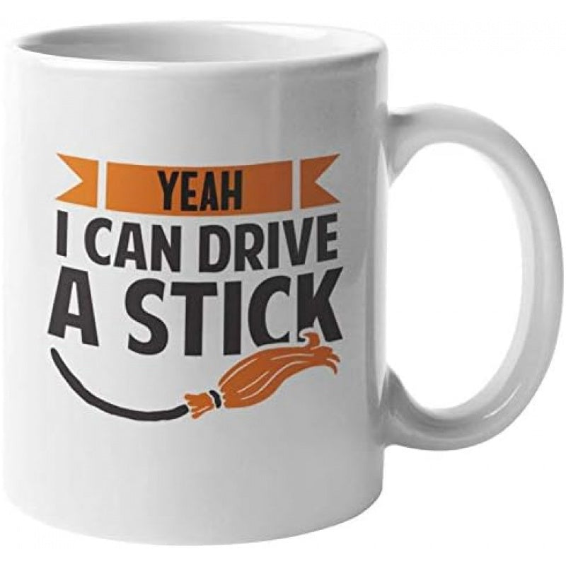 Tailorly White Ceramic 11 oz Mug - Yeah I Can Drive A Stick Vintage Hand Drawn Flying Witch Tool With Orange Ribbon Broom