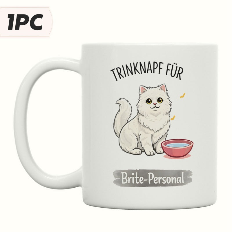 Tailorly White Ceramic 11 oz Mug - Adorable Fluffy White Persian Pet Sitting Next To Red Water Bowl Cat