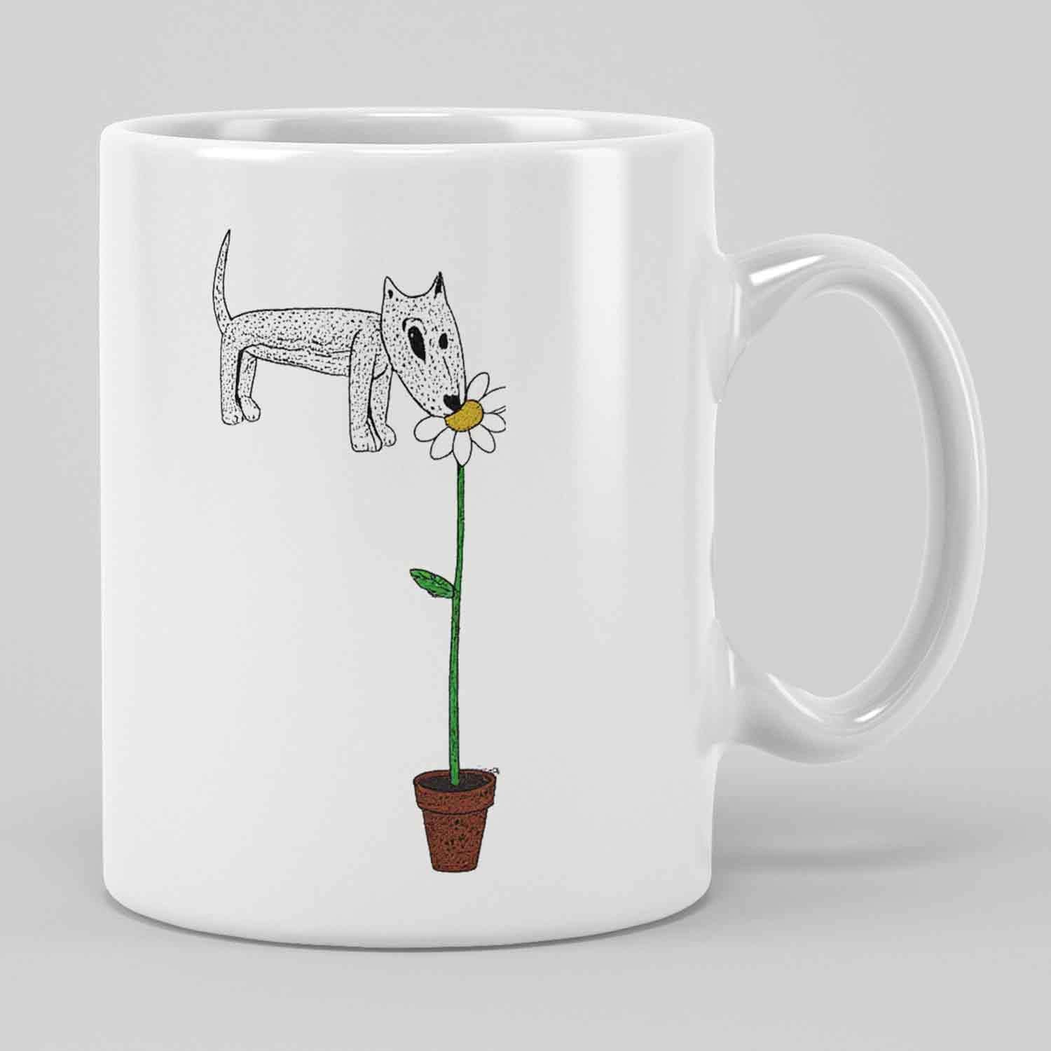 Tailorly White Ceramic 11 oz Mug - Hand Drawn Minimalist Dog Sniffing A Tall Daisy In A Pot Bull Terrier