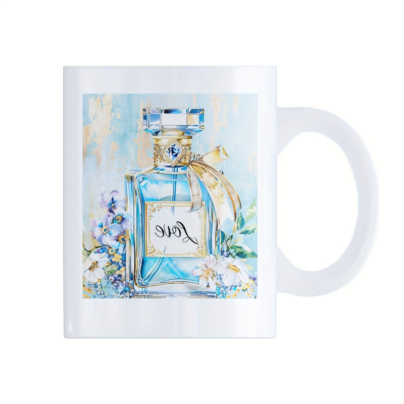 Tailorly White Ceramic 11 oz Mug - Love Elegant Watercolor Perfume Decorated With Golden Ribbon And Delicate Blue Flowers Bottle