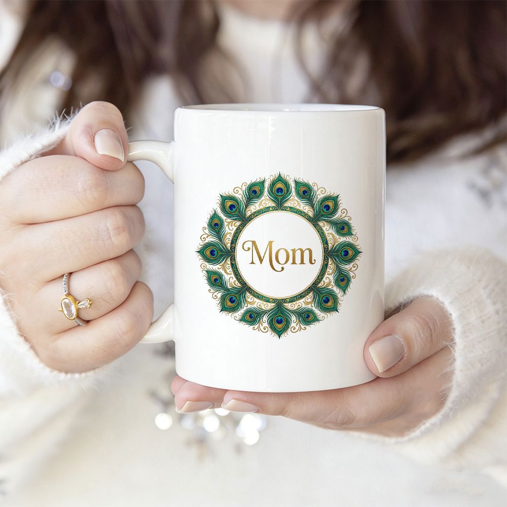 Tailorly White Ceramic 11 oz Mug - Mom Elegant Circular Pattern Crafted From Vibrant Green Peacock Feathers Wreath