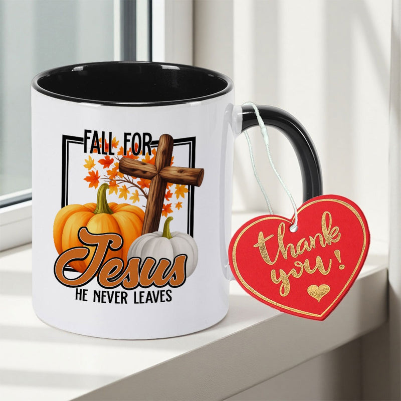 Tailorly Black Accent 11 oz Mug - FALL FOR JESUS HE NEVER LEAVES text and Floral Print