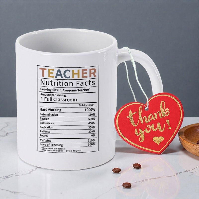 Tailorly White Ceramic 11 oz Mug - Teacher Nutrition Facts Classic Black And White Label Layout Featuring Detailed Informative Text Mug