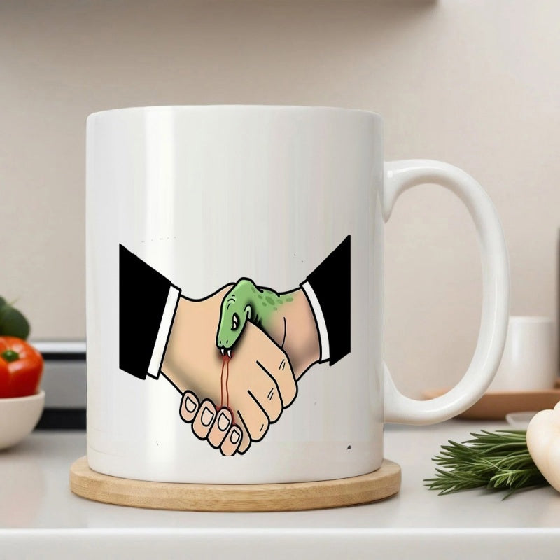 Tailorly White Ceramic 11 oz Mug - Professional Business Suit Sleeves Featuring A Hidden Biting Green Snake Handshake