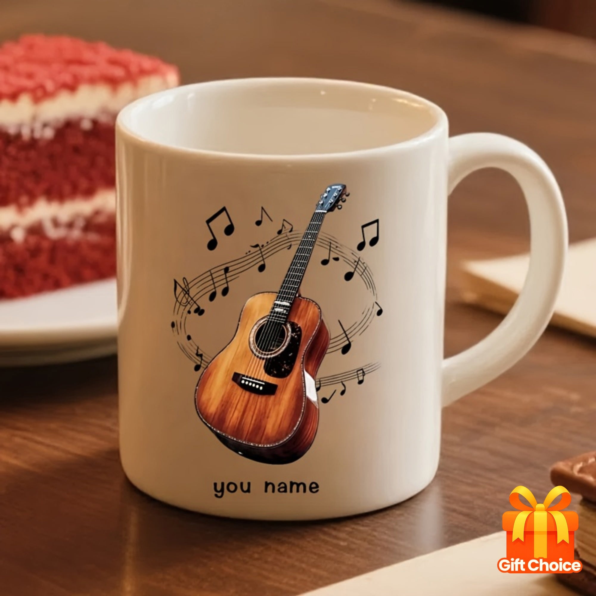 Tailorly White Ceramic 11 oz Mug - You Name Classical Wooden Acoustic Style With Musical Notes Floating On Staff Guitar