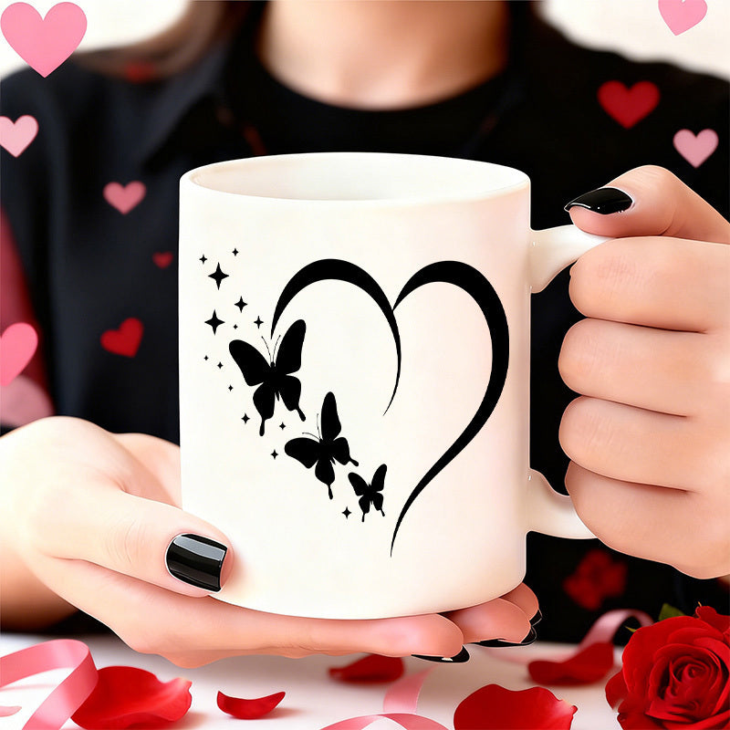 Tailorly White Ceramic 11 oz Mug - Elegant Black Butterfly Silhouettes Dancing Within A Graceful Curved Stylized Heart