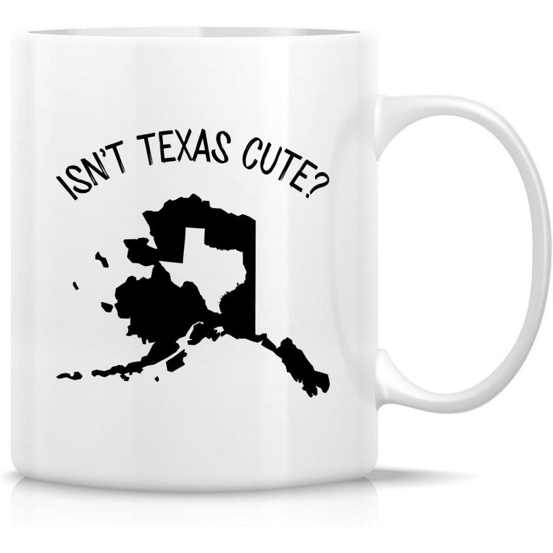 Tailorly White Ceramic 11 oz Mug - Isn't Texas Cute Minimalist Black And White Silhouette Of Alaska Featuring Texas Map