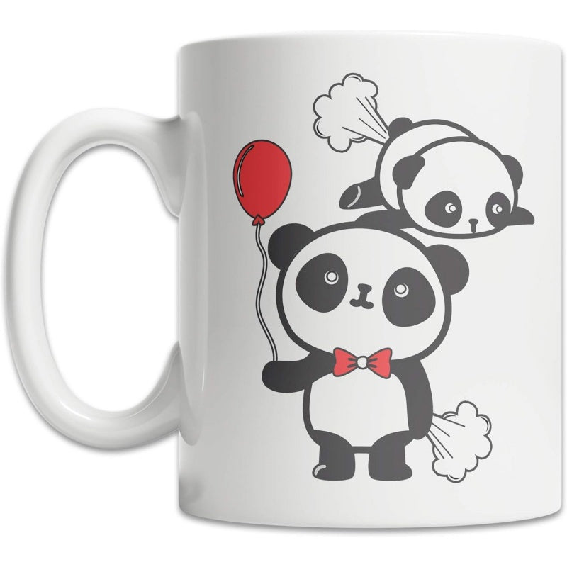 Tailorly White Ceramic 11 oz Mug - Adorable Cartoon Panda Holding A Red Balloon With Fart Propelled Clouds Panda