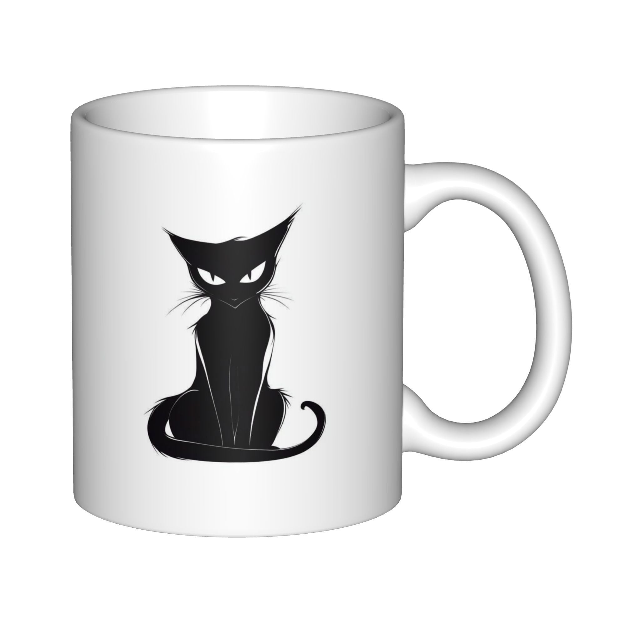 Tailorly White Ceramic 11 oz Mug - Mysterious Stylized Black Silhouette With Sharp Ears And Glowing Eyes Sitting Cat