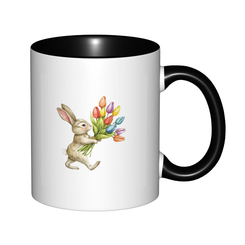 Tailorly Black Accent 11 oz Mug - bunny holding colorful tulips