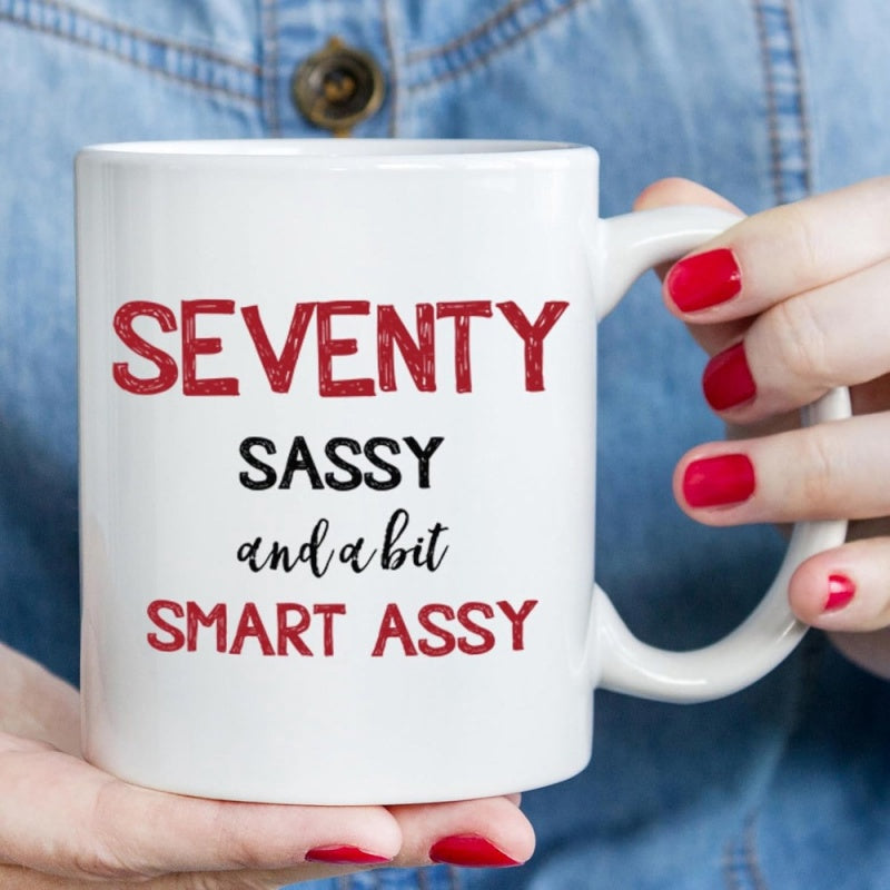 Tailorly White Ceramic 11 oz Mug - Seventy Sassy And A Bit Smart Assy Minimalist Featuring Bold Distressed Red And Black Lettering Mug