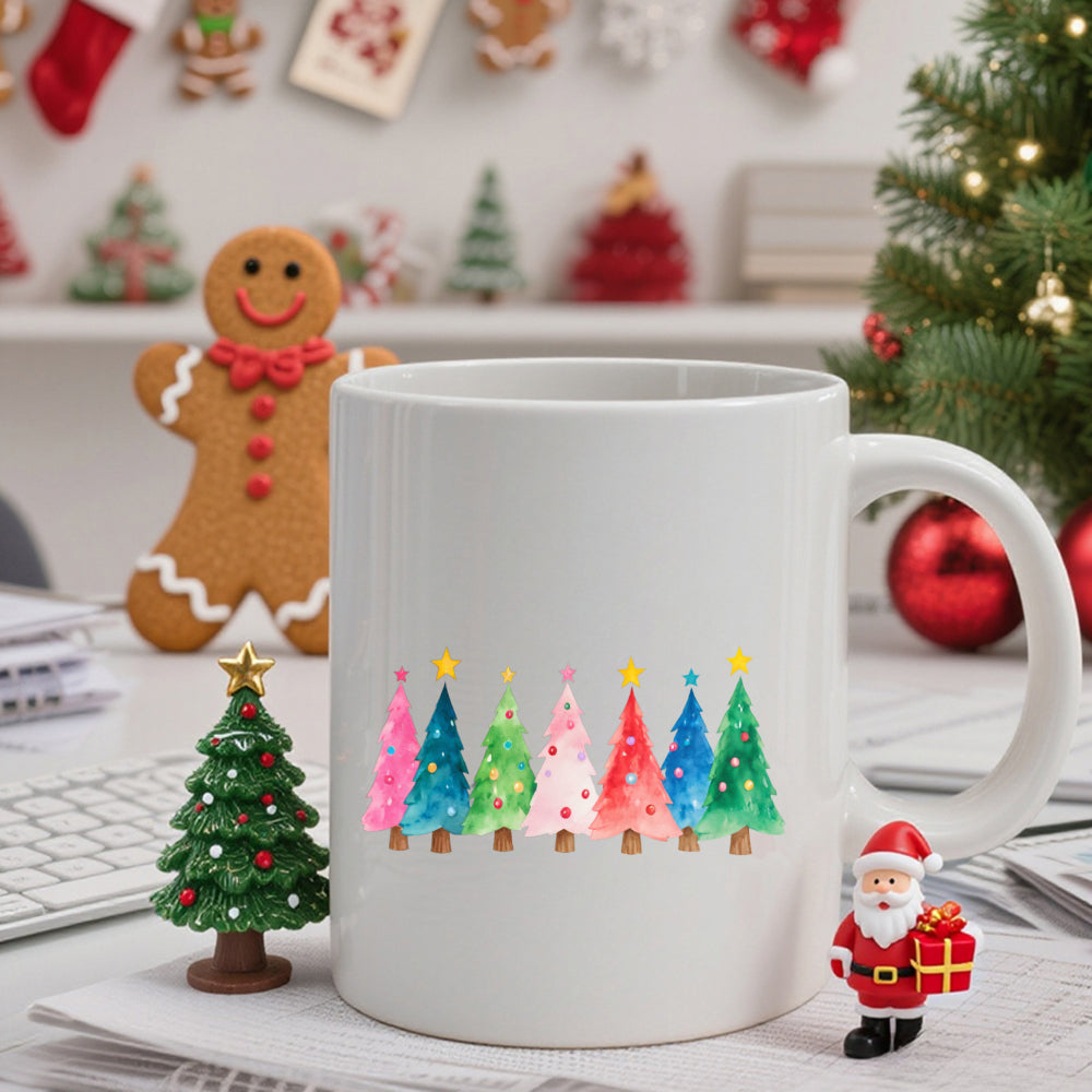 Tailorly White Ceramic 11 oz Mug - Vibrant Watercolor Forest Row With Decorative Stars For Festive Holiday Celebration Christmas Tree