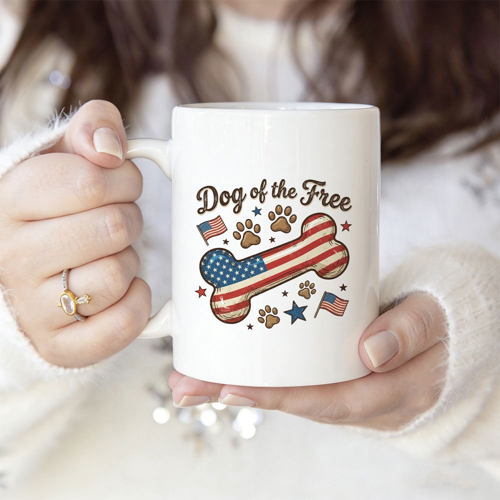 Tailorly White Ceramic 11 oz Mug - Dog Of The Free Patriotic Design Featuring American Flag Stars And Stripes Patterned Bone