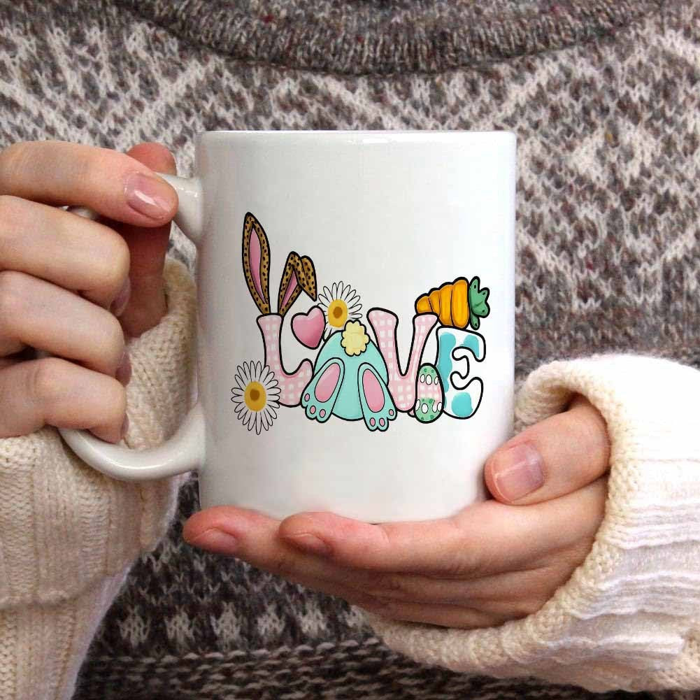 Tailorly White Ceramic 11 oz Mug - Love Colorful Garden Flowers And Carrots Featuring Adorable Hidden Easter Bunny