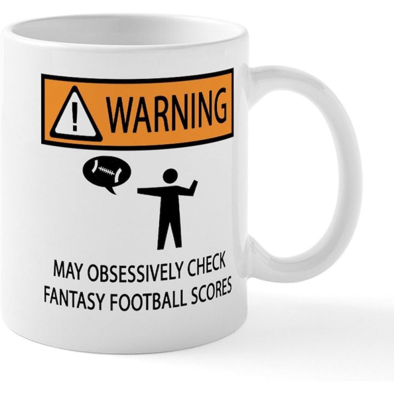 Tailorly White Ceramic 11 oz Mug - Warning May Obsessively Check Fantasy Football Scores Featuring Orange Warning Bar And Person Mug