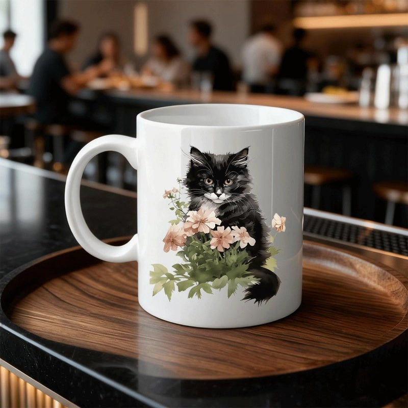 Tailorly White Ceramic 11 oz Mug - Graceful Fluffy Black Cat Sitting Among Soft Pink Spring Garden Blossoms Cat