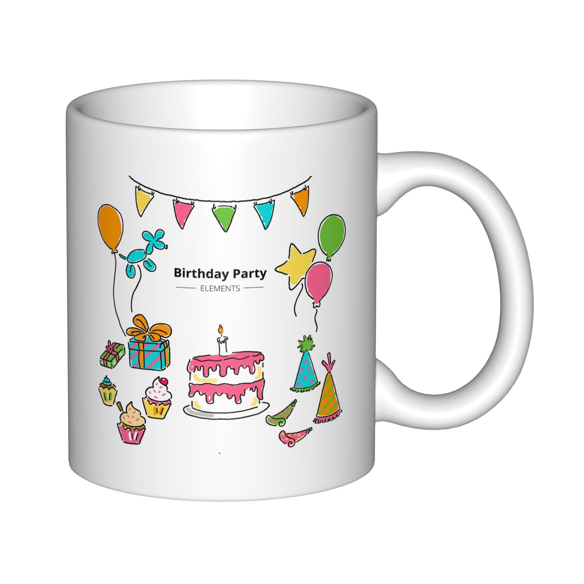 Tailorly White Ceramic 11 oz Mug - Birthday Party Colorful Hand Drawn Celebratory Elements Featuring Balloons Flags And Delicious Cupcakes Cake