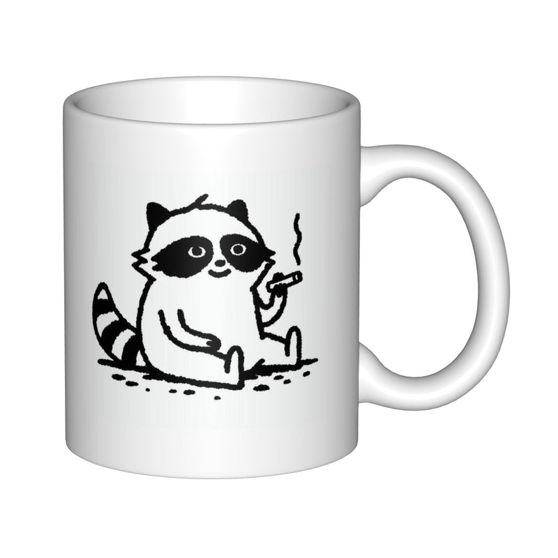 Tailorly White Ceramic 11 oz Mug - Minimalist Line Art Sketch Of A Cute Wild Animal Smoking Raccoon