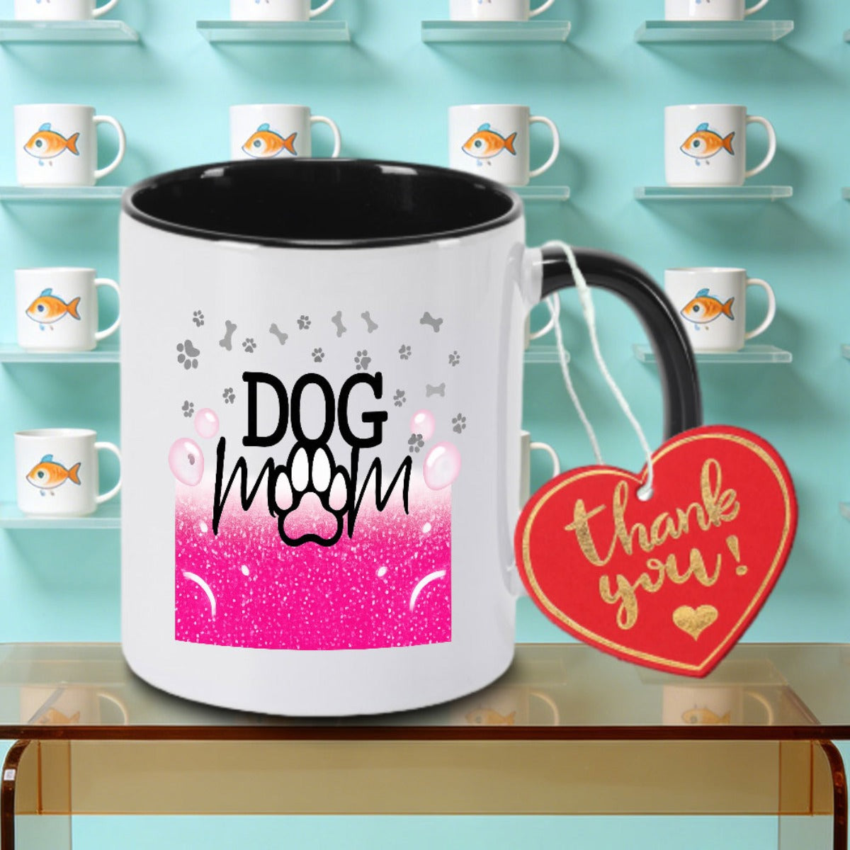 Tailorly Black Accent 11 oz Mug - Mom with Paw PrintsPink Glitter & Bone Design Logo
