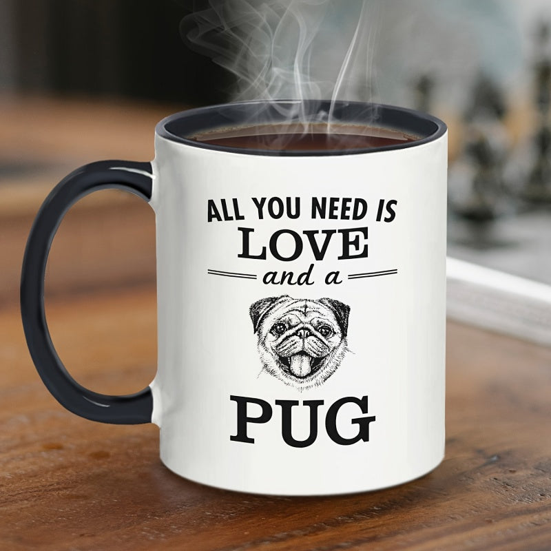 Tailorly Black Accent 11 oz Mug - pug with text "i like things"