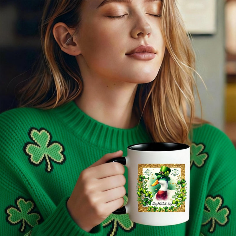 Tailorly Black Accent 11 oz Mug - duck with hat and clover