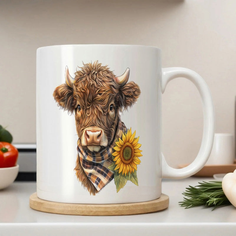 Tailorly White Ceramic 11 oz Mug - Rustic Brown Fur Highland With Plaid Scarf And Vibrant Yellow Sunflower Cow