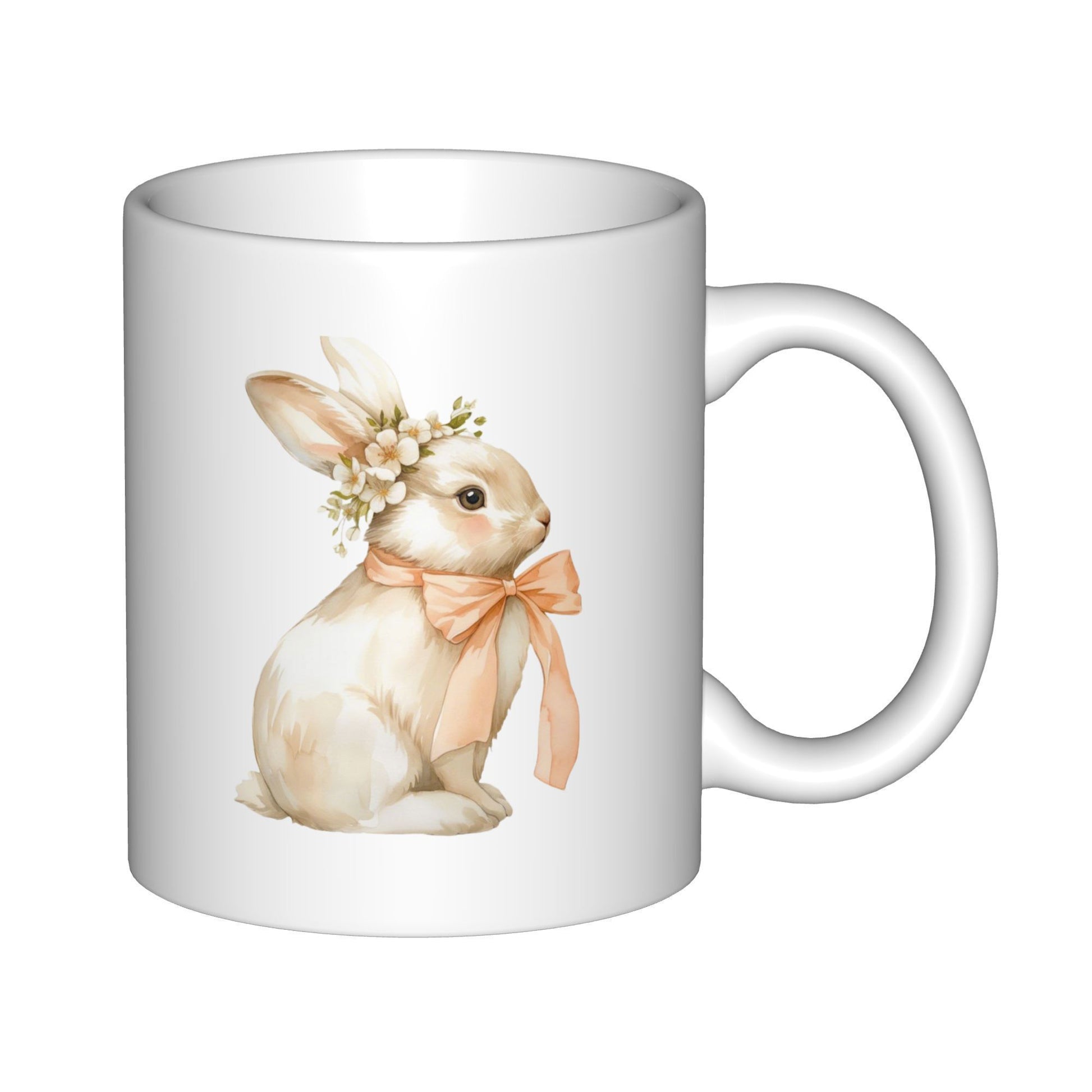 Tailorly White Ceramic 11 oz Mug - Cute Watercolor Bunny With Floral Crown And Peach Silk Ribbon Rabbit