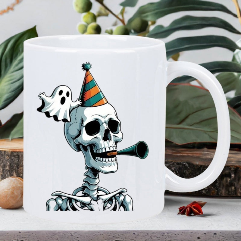 Tailorly White Ceramic 11 oz Mug - Wearing Festive Party Hat And Blowing Horn Near Flying Ghost Skeleton