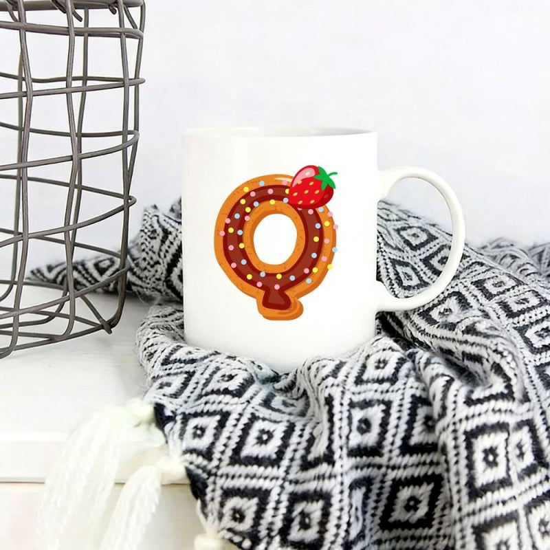 Tailorly White Ceramic 11 oz Mug - Sweet Chocolate Glazed Letter Shaped Treat With Sprinkles And Small Red Strawberry Donut