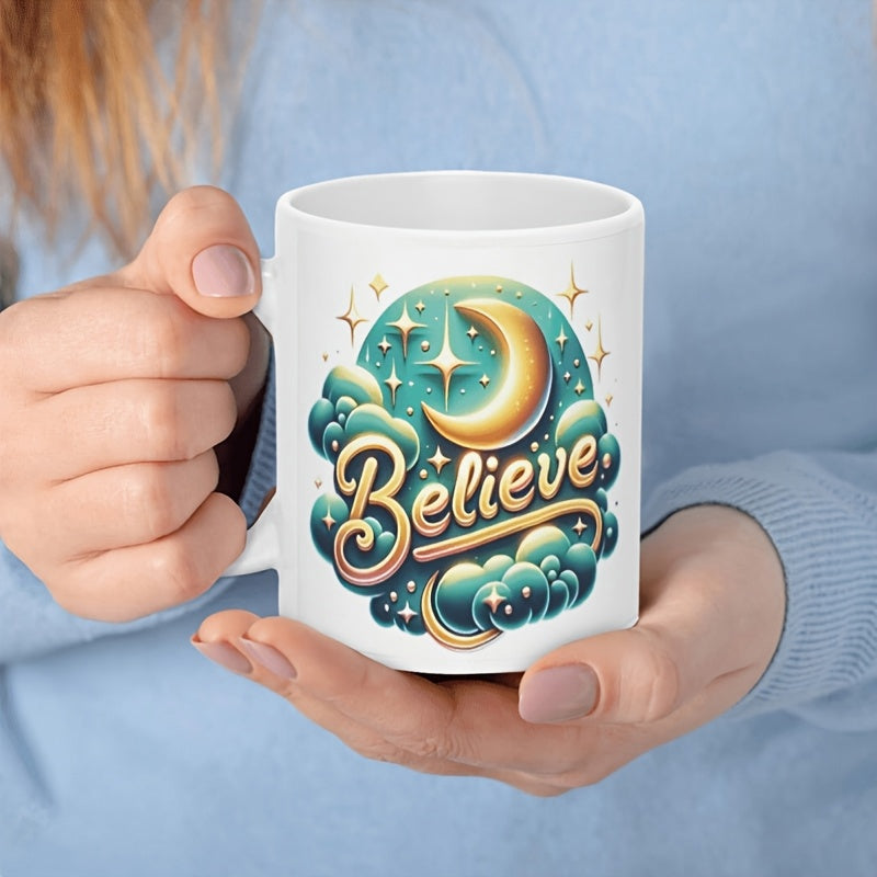 Tailorly White Ceramic 11 oz Mug - Believe Golden Crescent Sparkling Stars Among Teal Fluffy Clouds Moon
