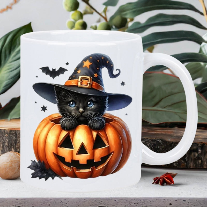 Tailorly White Ceramic 11 oz Mug - Cute Black Kitten Wearing Wizard Hat Inside A Carved Halloween Pumpkin Cat