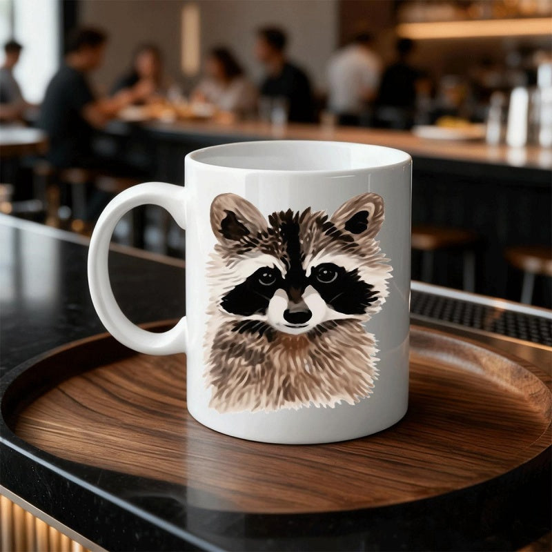 Tailorly White Ceramic 11 oz Mug - Cute Furry Forest Animal Face With Characteristic Black Mask Pattern Raccoon